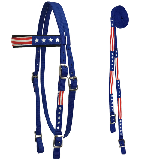 Tahoe Tack American Flag Double Layered Nylon Patriotic Padded Headstall Reins