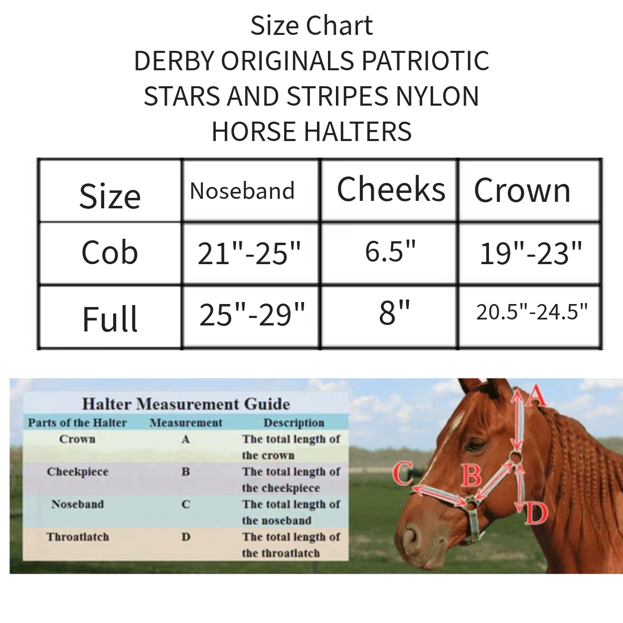 Derby Originals Patriotic Stars and Stripes Nylon Horse Halters Size chart