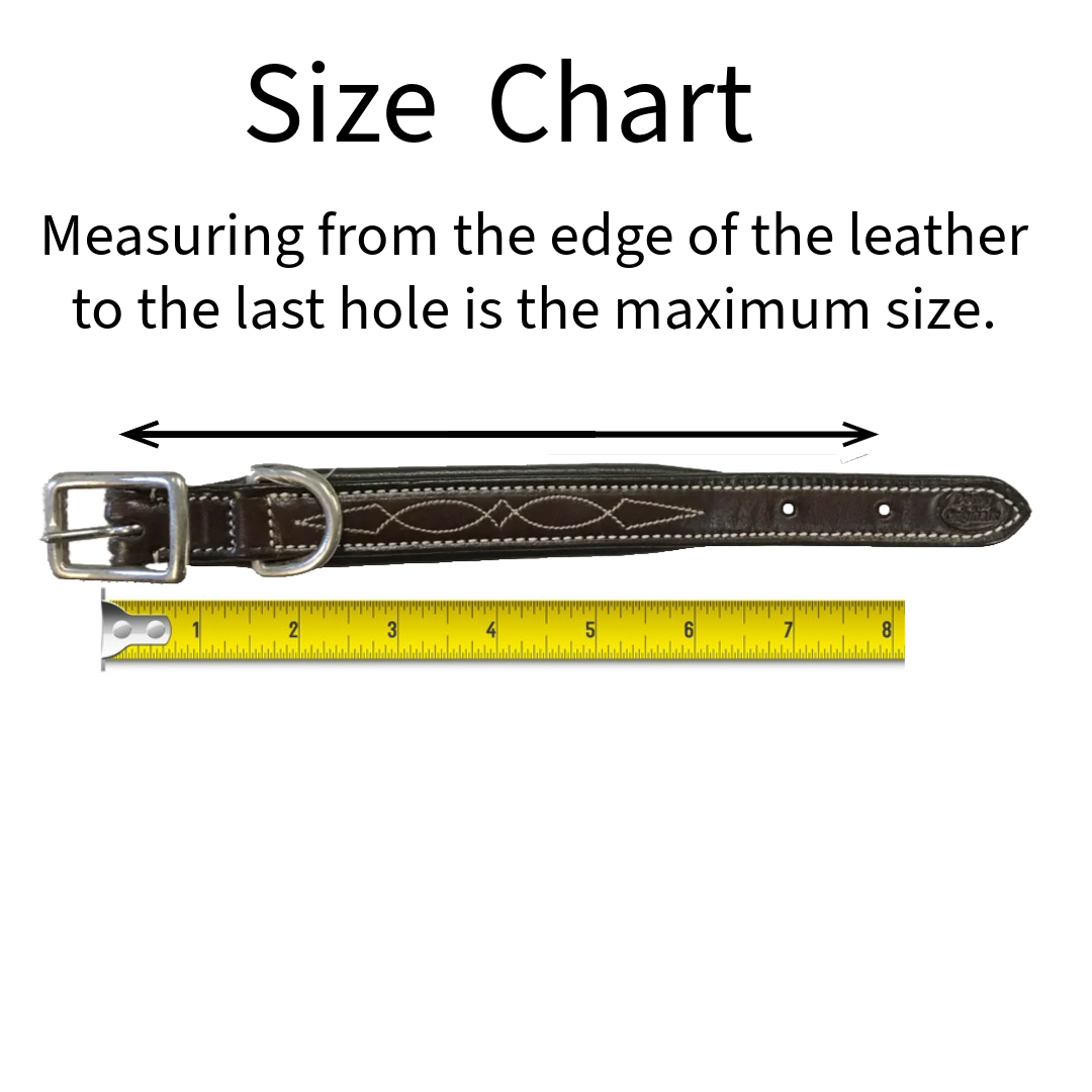 Derby Dog Designer Series Tooled USA Leather Padded Barbwire Dog Collar with Stainless Steel Rolled Buckle for Comfort SizeChart