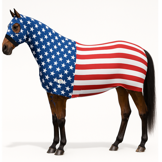 Derby Originals Patriotic Stars & Stripes Lycra Horse Sleazy – Full Body & Head Sheet with Zipper, Stretch Fit, Ideal for Parades & Shows, Full Horse Size (78"-82")