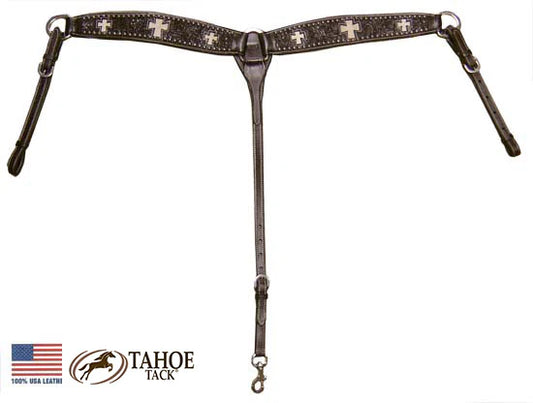 TAHOE SUNSPOTS FLORAL TOOLED TRIPLE CROSS INLAID BREAST COLLAR USA LEATHER