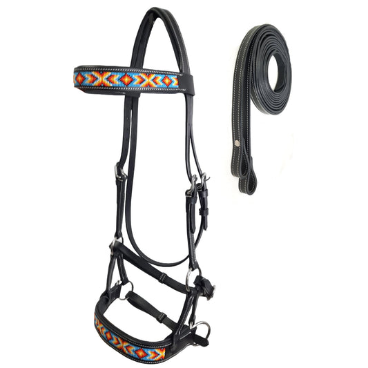 Tahoe Bitless Leather Horse Bridle - Turquoise Navajo Beaded Browband  & Noseband with Split Reins, 1-Year Warranty