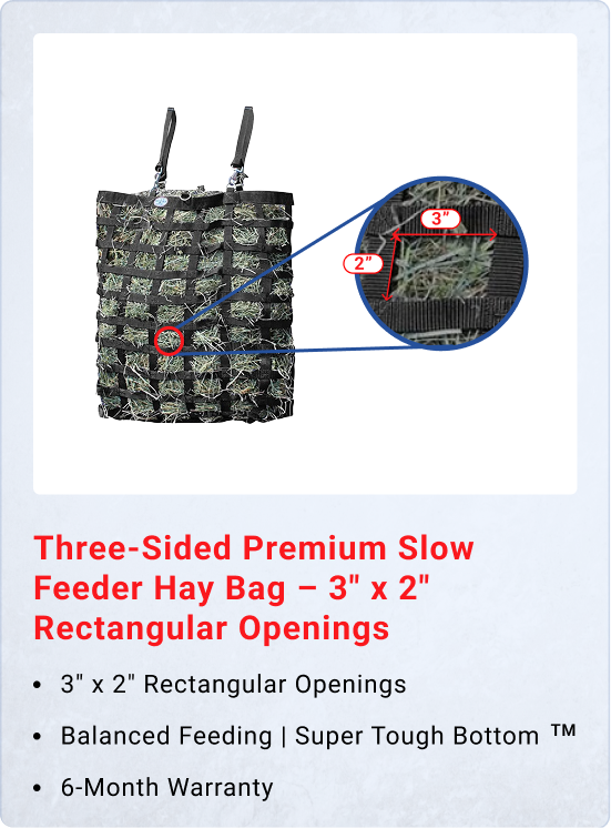 Three-Sided Premium Slow Feeder Hay Bag – 3" x 2" Rectangular Openings – Balanced Feeding | Super Tough Bottom – 6-Month Warranty