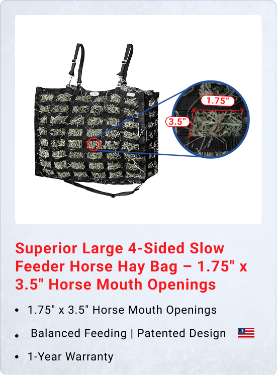 Superior Large 4-Sided Slow Feeder Horse Hay Bag – 1.75" x 3.5" Horse Mouth Openings – Balanced Feeding | Patented Design – 1-Year Warranty