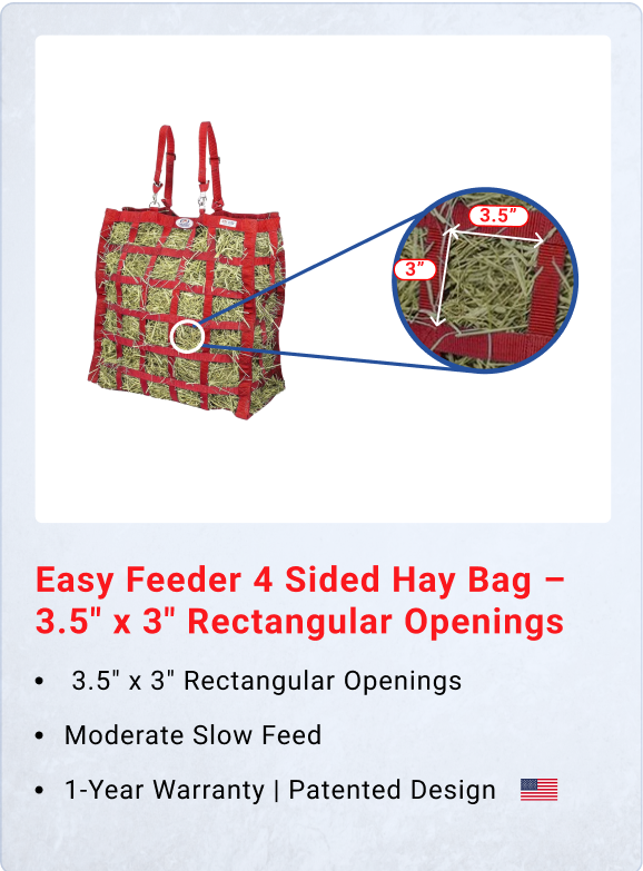 Easy Feeder 4 Sided Hay Bag – 3.5" x 3" Rectangular Openings – Moderate Slow Feed – 1-Year Warranty | Patented Design