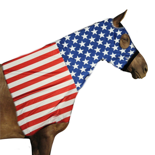 Derby Originals Stars & Stripes Lycra Horse Sleazy Hood with Zipper, Fleece Noseband, Belly Strap – Stretch Neck Cover for Average Horses, Great for Shows & Parades (72"-76")