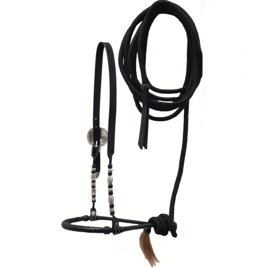 Tahoe 3/8" Bosal with Leather Hanger and Ferrules – Complete Equestrian Set with 23 Ft Quality Rope Mecate & Horsehair Tassel