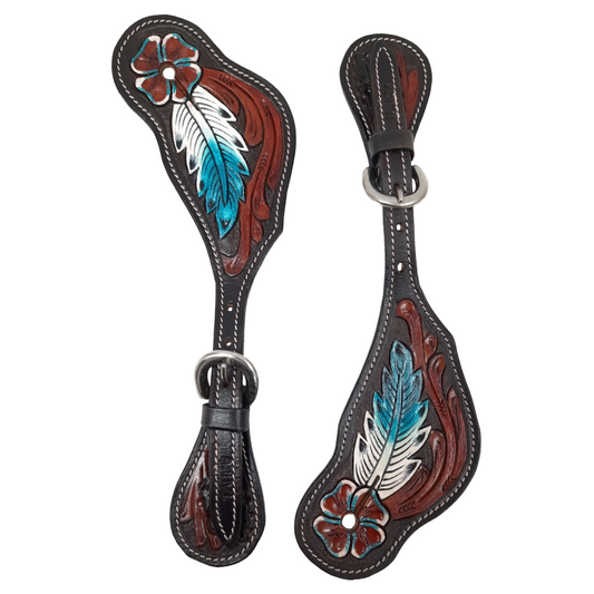 Tahoe Hand Tooled Leather Western Spur Straps with with Feather and Flower Design Unisex Pair