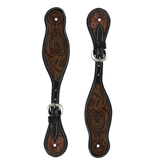 Tahoe Hand Tooled Leather Western Spur Straps with Flower Design Unisex Pair
