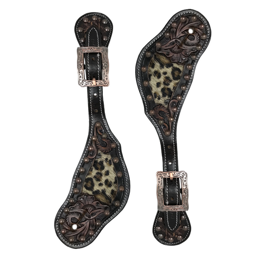 Tahoe Western Hand Tooled Leather Spur Straps with Leopard Print Inlay Unisex Pair