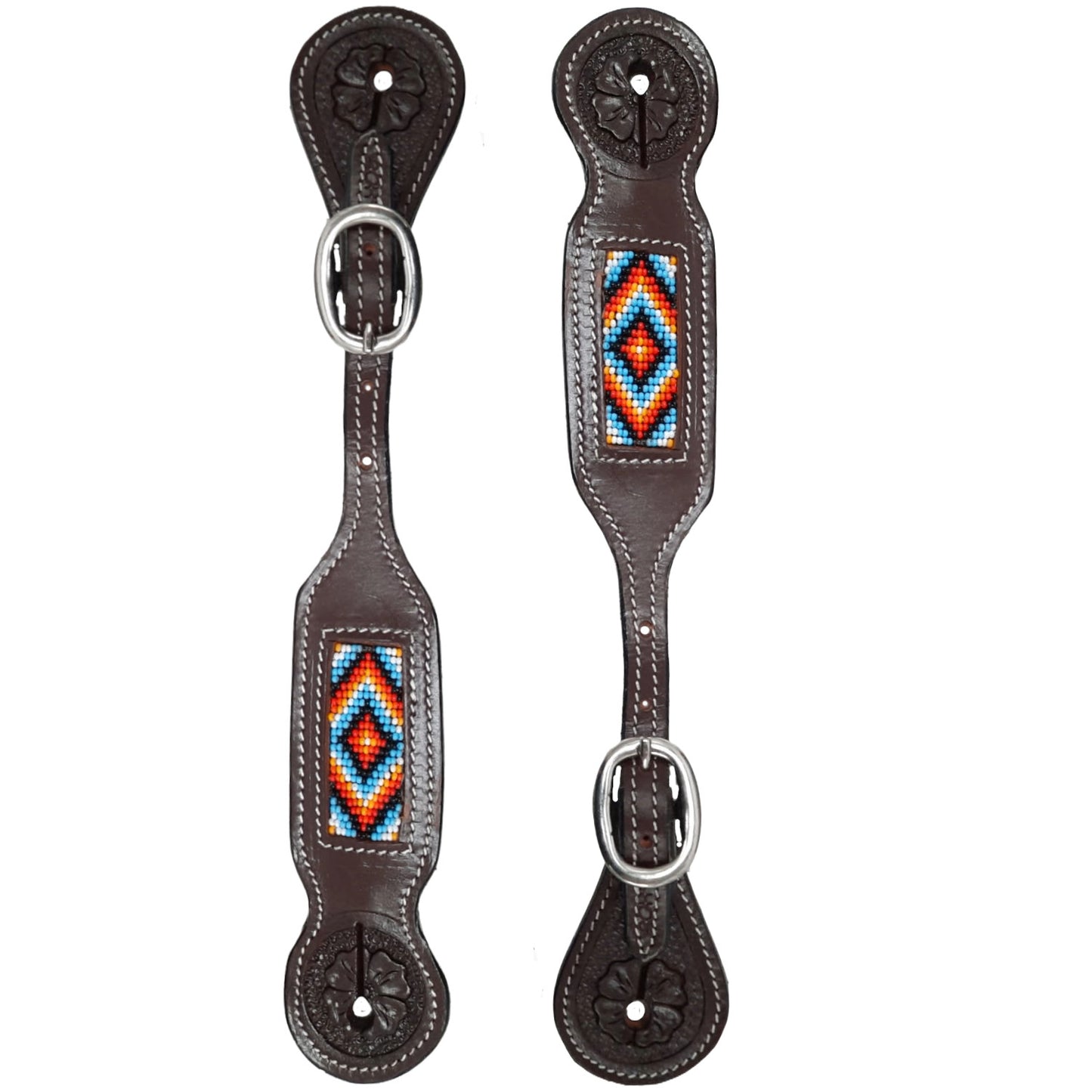 Tahoe Tack Western Spur Straps – Navajo Beaded Design & Hand-Tooled Floral Leather, 1-Year Warranty Uni-Sex