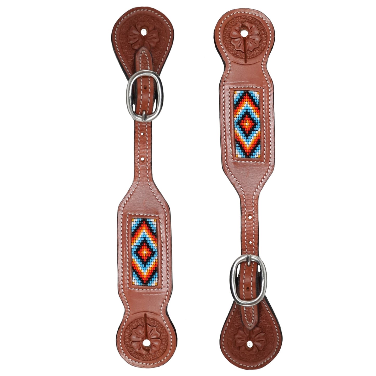 Tahoe Tack Western Spur Straps – Navajo Beaded Design & Hand-Tooled Floral Leather, 1-Year Warranty Uni-Sex