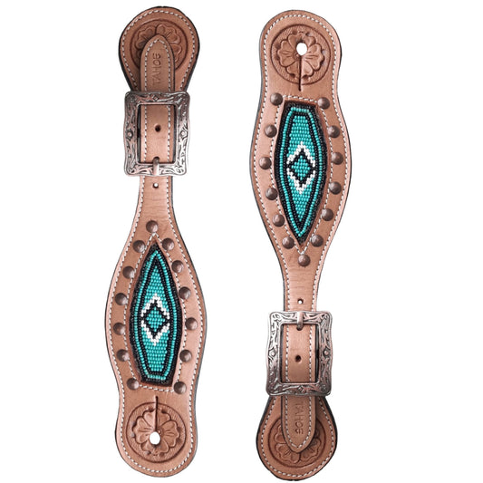 Tahoe Tack Western Spur Straps – Navajo Beaded Design & Hand-Tooled Floral Leather, 1-Year Warranty Uni-Sex