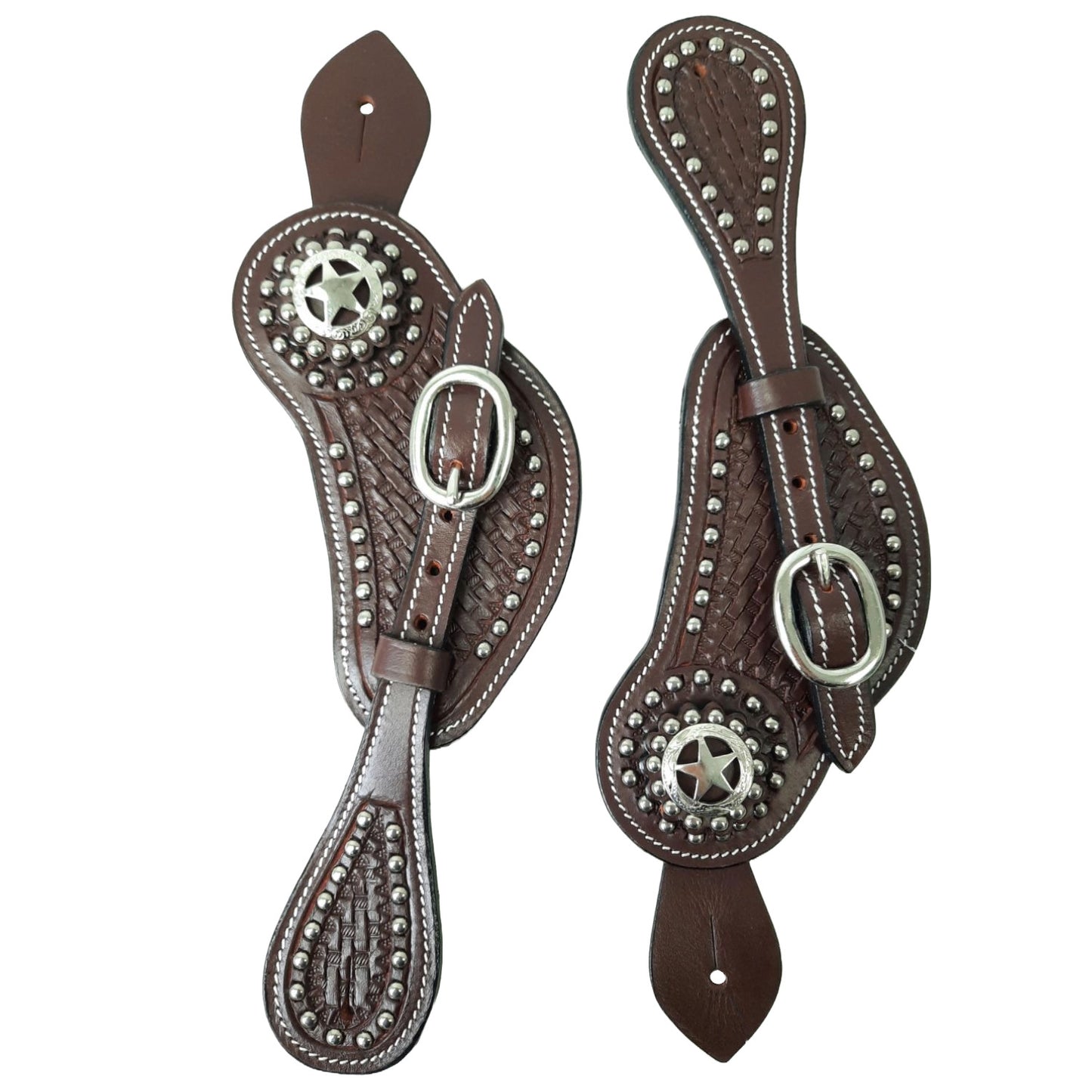 Tahoe Tack Western Curved Spur Straps with Star Concho and Hand Tooled Basket Weave Leather