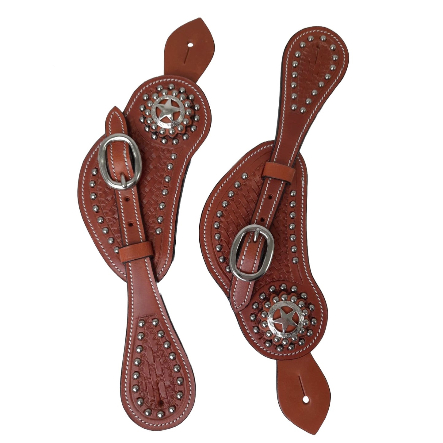 Tahoe Tack Western Curved Spur Straps with Star Concho and Hand Tooled Basket Weave Leather