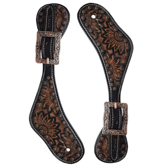 Tahoe Spur Straps Vintage Sunflower hand tooled  Leather for Horse Riding, Barrel Racing and Horse Shows