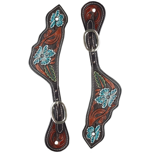 Tahoe Hand Tooled Turquoise Floral and Leaf Leather, Hand Painted Spur  Straps Unisex Pair for Horse Riding, Barrel Racing and Horse Shows