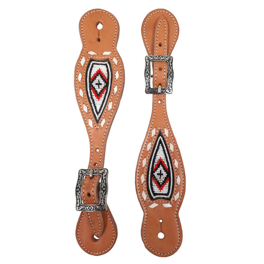 Tahoe Tack Navajo White Beaded Design Leather Western Spur Straps – Unisex Pair