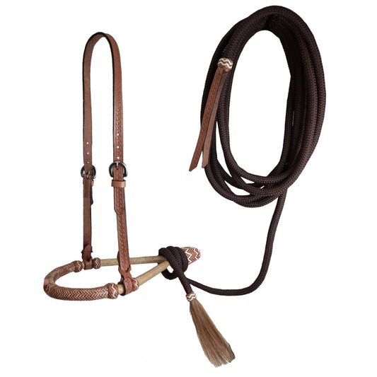 Tahoe 5/8" Rawhide Tan Bosal Mecate Set – Basket-Tooled Leather Hanger with 23 Ft Dark Brown Rope Mecate & Horsehair Tassel - 1 Year Warranty
