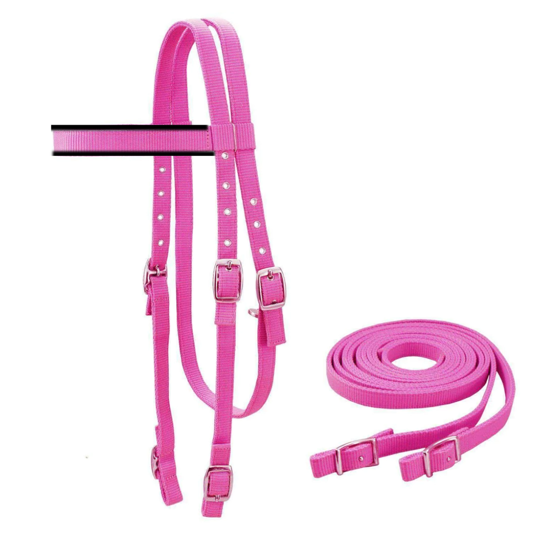 Tahoe Tack Double Layered Nylon Western Headstall with Matching Reins pinks