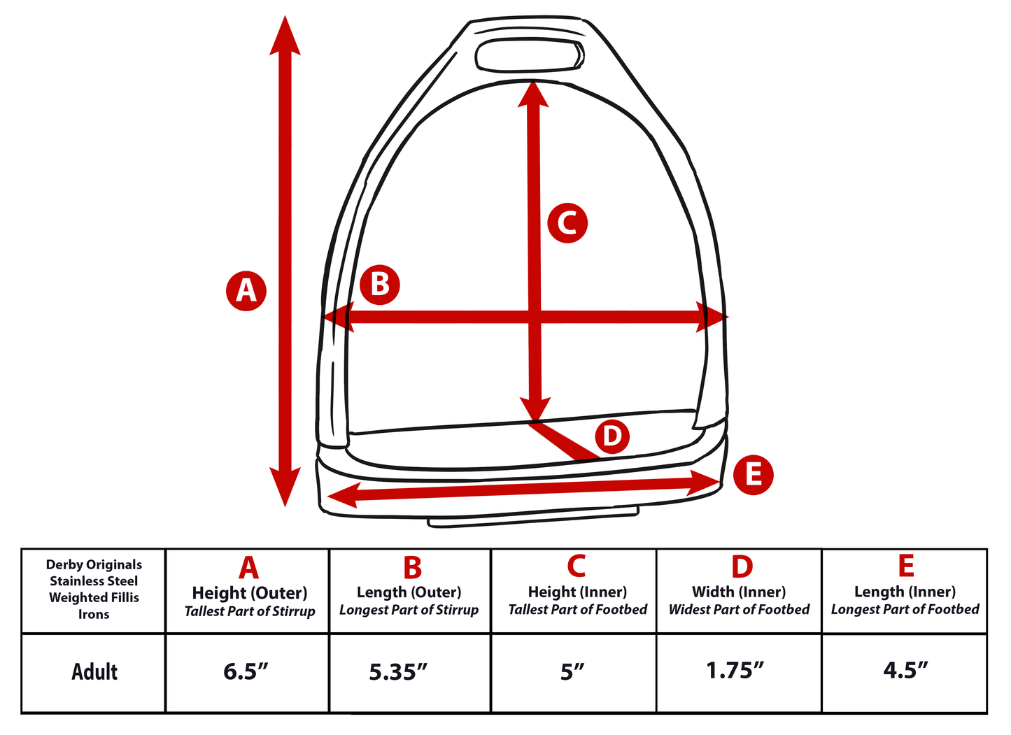 Derby Originals Stainless Steel Weighted Stirrup Fillis Irons with Rubber Pads Size chart