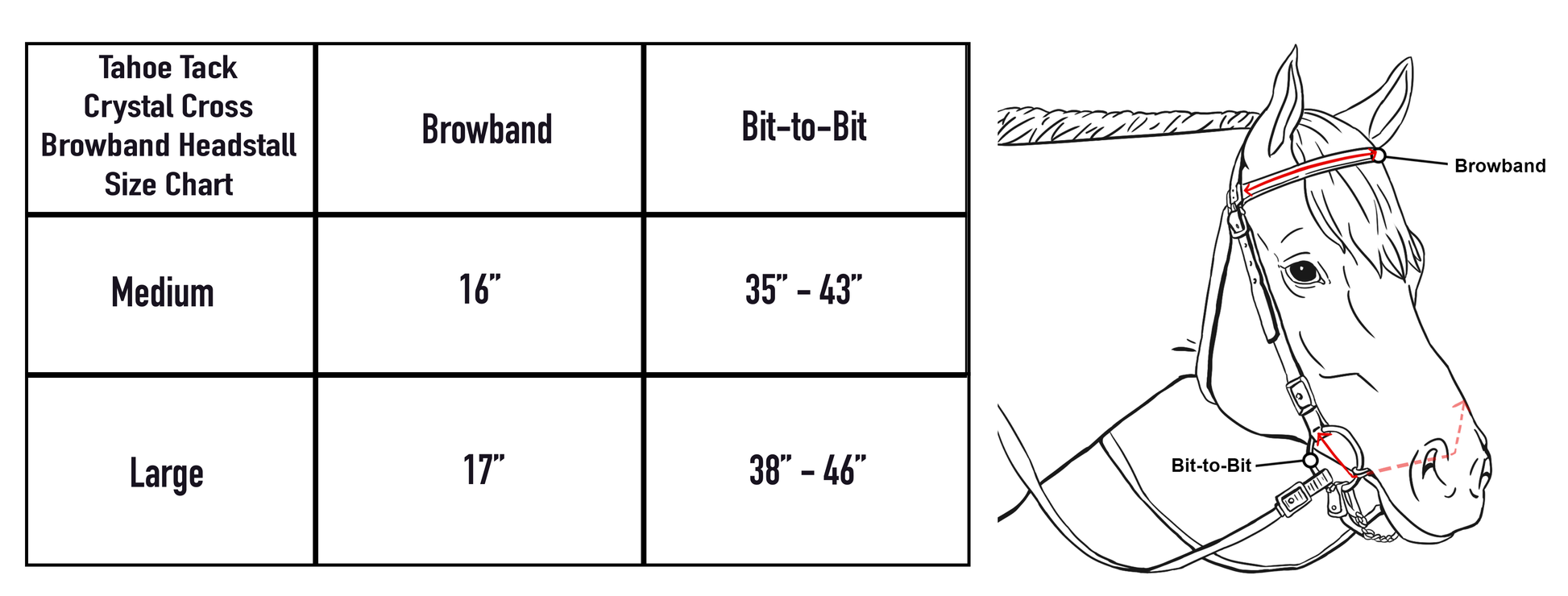 Tahoe Tack Show Studded Crystal Cross Browband Headstall with Matching Reins Size Chart