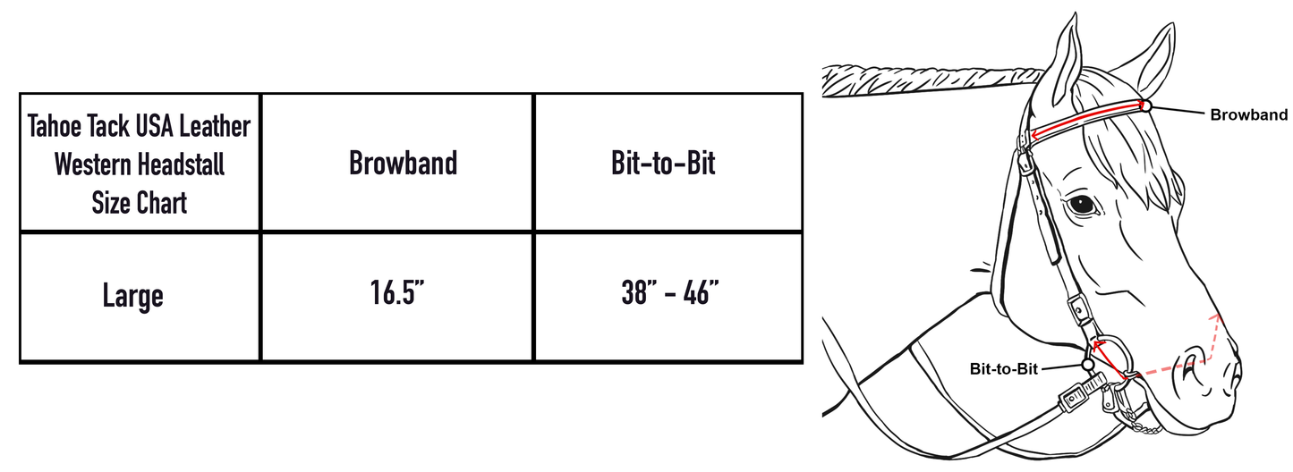 Tahoe Tack USA Leather Kickin’ Country Gold Star Concho Western Headstall size chart