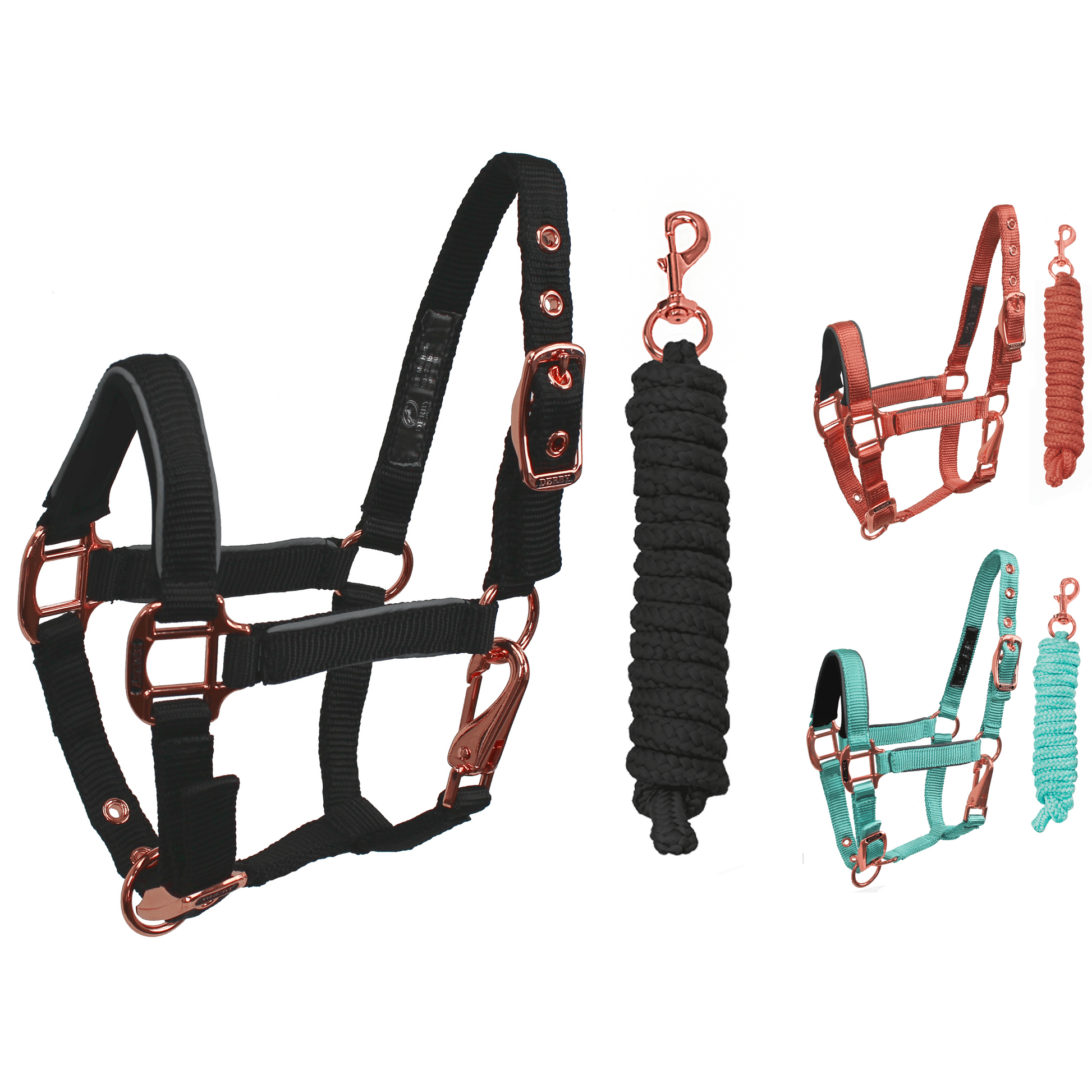 Derby Original Reflective Safety Stable Horse Halters Rose Gold Black Swatch