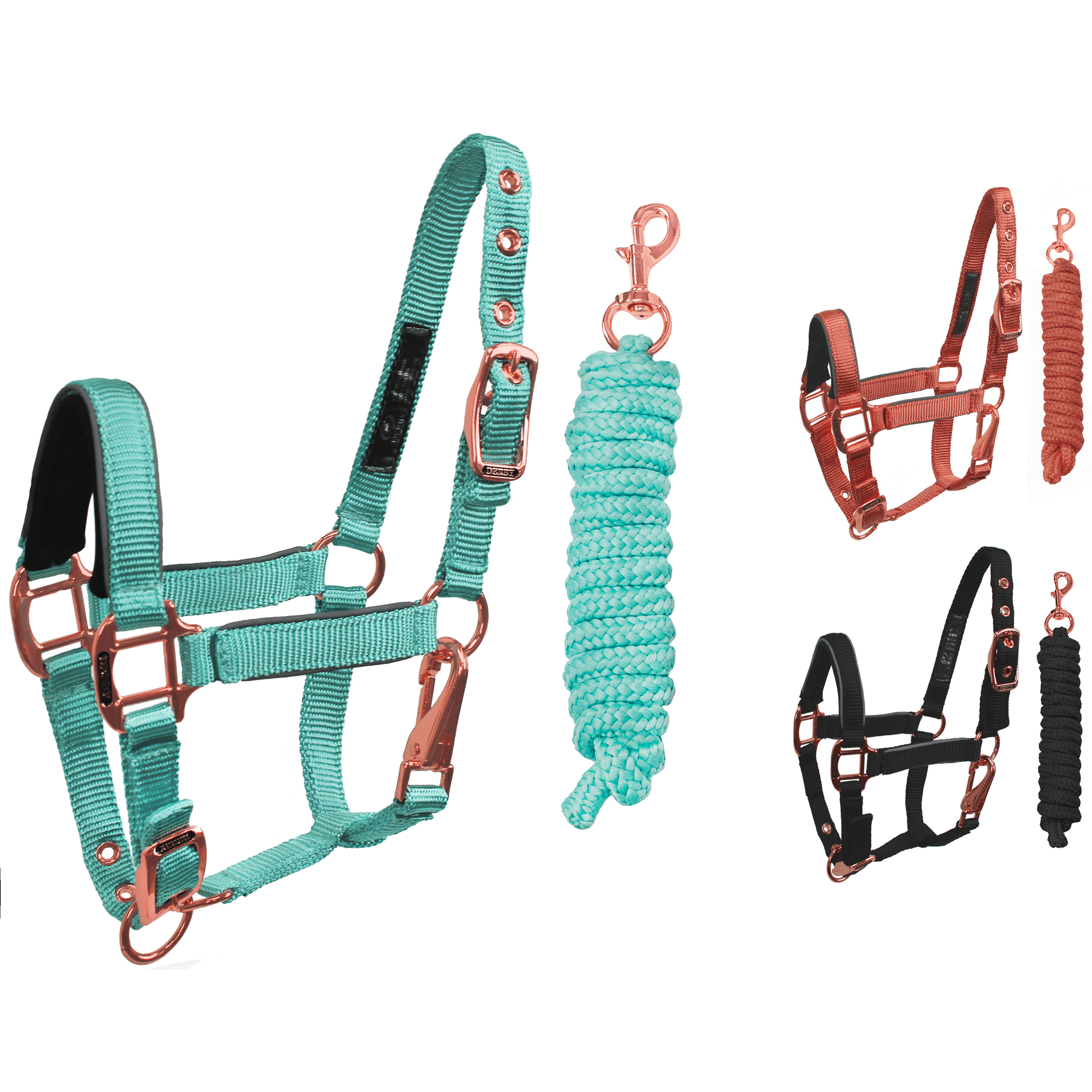 Derby Original Reflective Safety Stable Horse Halters Rose Gold Turquoise Swatch