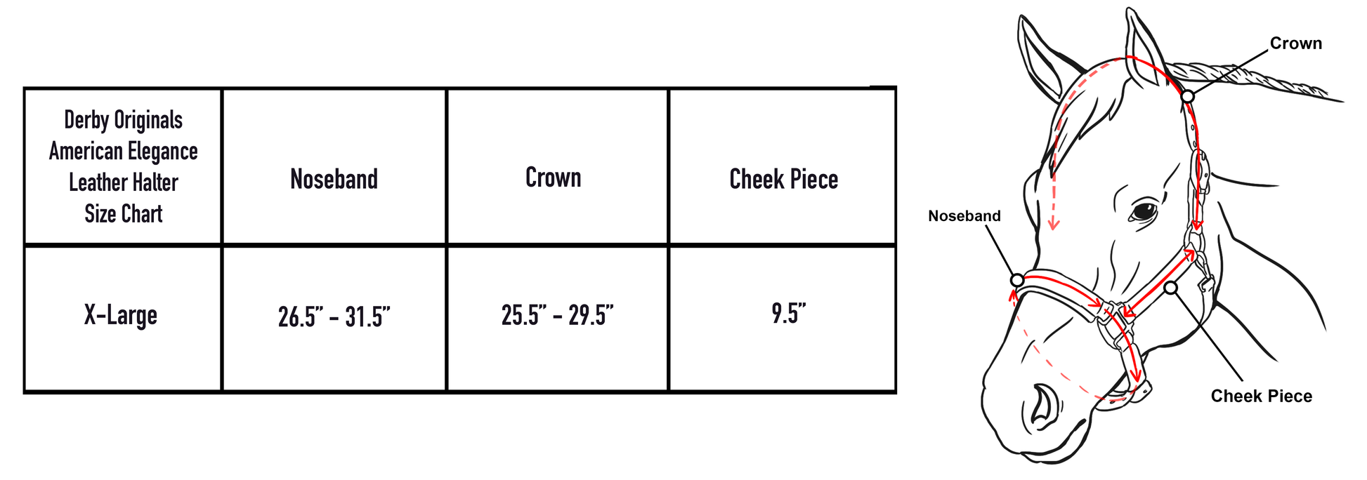 Derby Originals American Elegance Series Triple Stitch Adjustable Leather Halter size chart