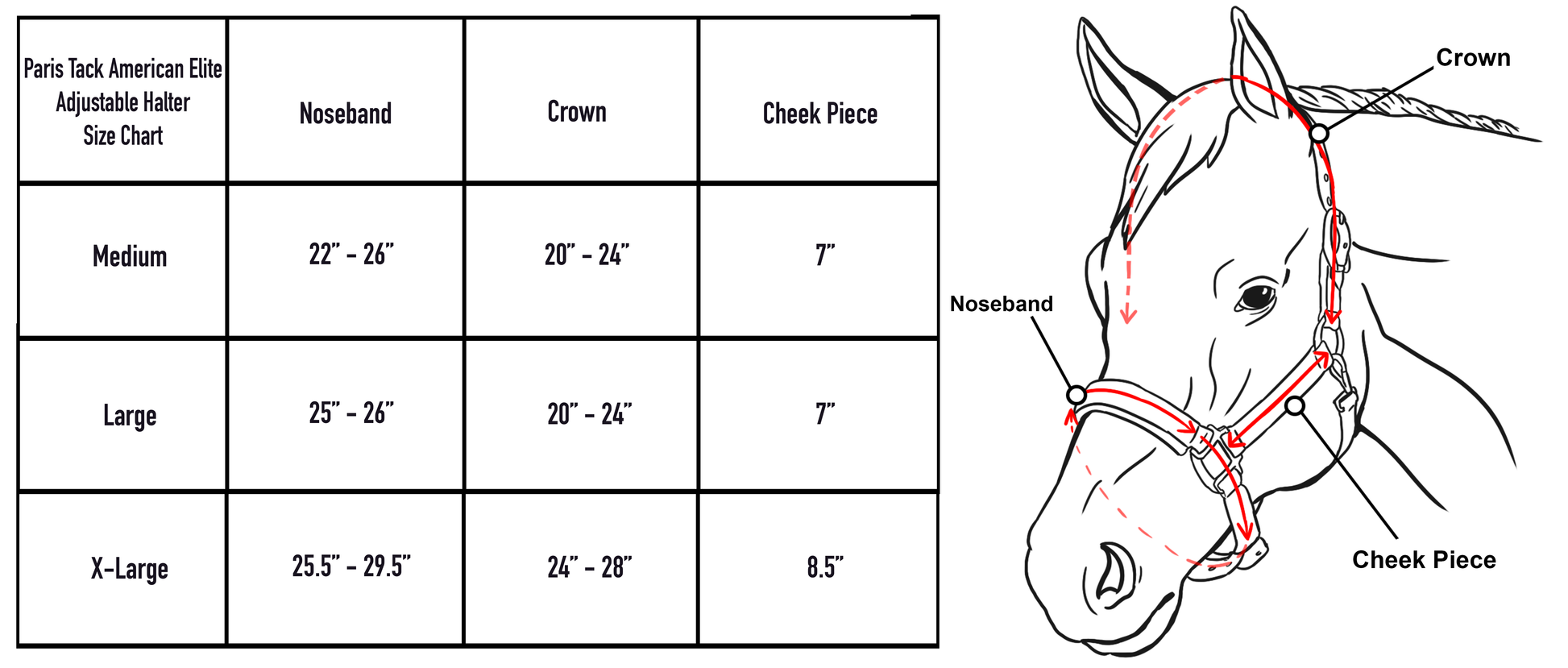 American Elite Fancy Stitch Padded Adjustable Halters size chart