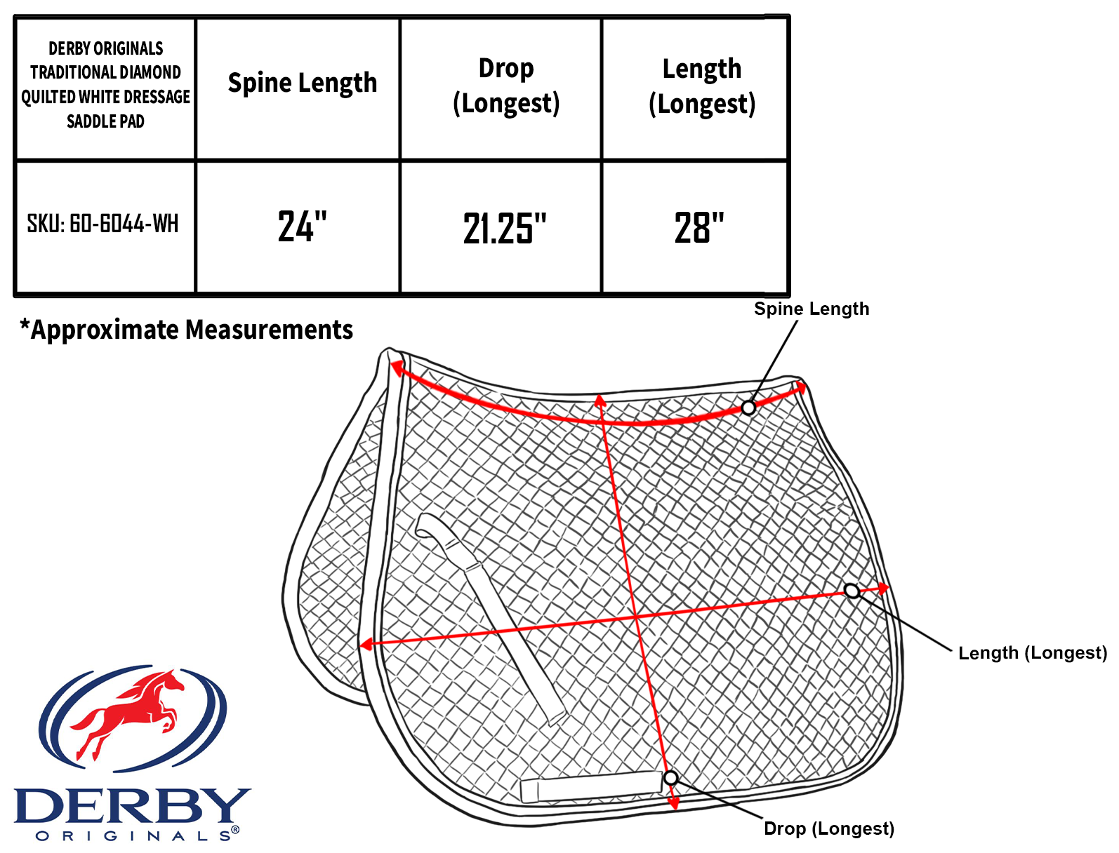 Derby Originals Traditional Diamond Quilted White Dressage Saddle Pad Size Chart