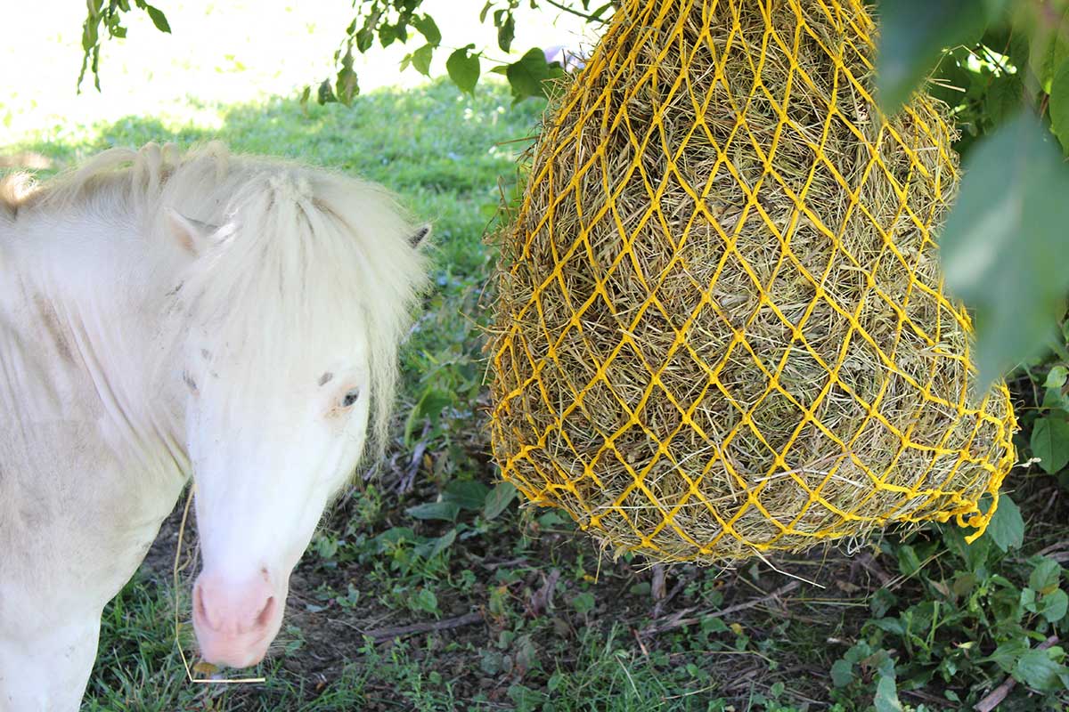 Derby Originals 42” Superior Slow Feed Soft Mesh Hanging Hay Net for Horses yellow-lifestyle1