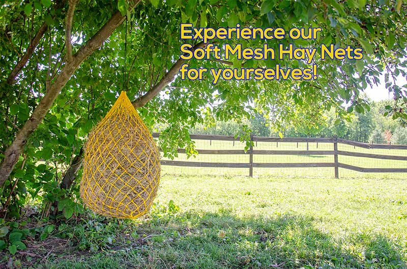 Derby Originals 42” Superior Slow Feed Soft Mesh Hanging Hay Net for Horses yellow lifestyle2