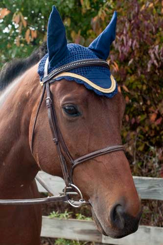 Paris Tack Crochet Horse Fly Veil Ear Bonnet with Gold Rope Banner