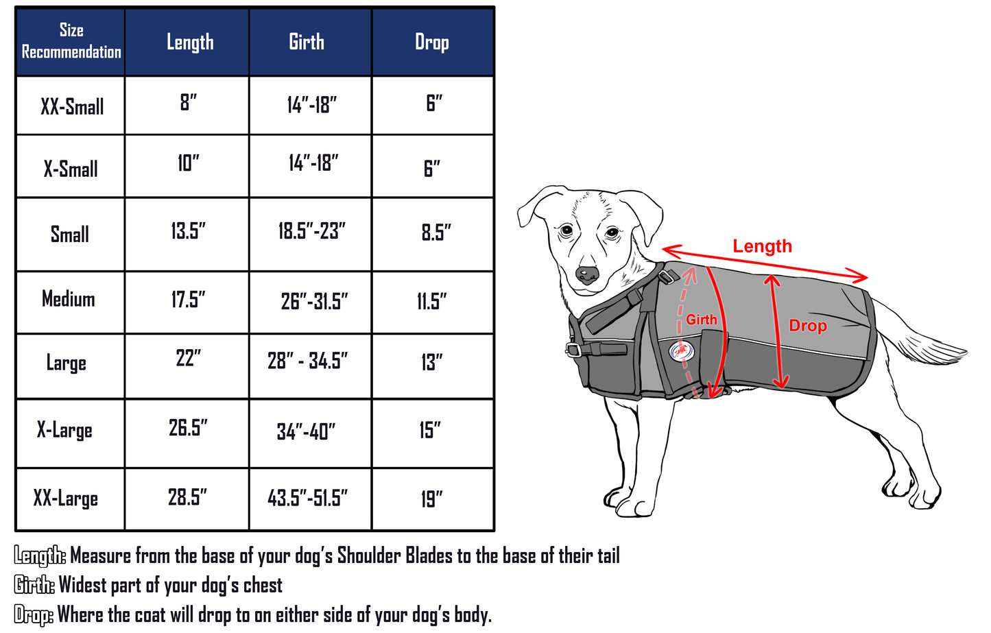 Derby Originals Adjust-to-Fit Horse-Tough Reflective 600D Waterproof Ripstop Nylon Winter Dog Coat size chart
