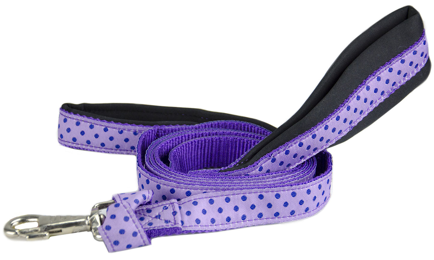 Padded Double Handle Patterned Dog Leash with Warranted Snap Orchid PolkaDots