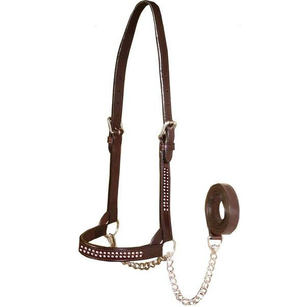 New & Improved Premium Crystal Bling Rhinestone Inlay Flat Leather Cattle Show Halter with Chain Lead   - One Year Limited Manufacturer’s Warranty