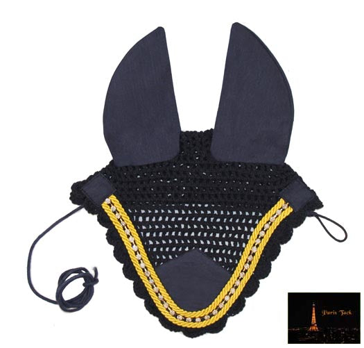 Paris Tack Crochet Horse Fly Veil Ear Bonnet with Crystals Black