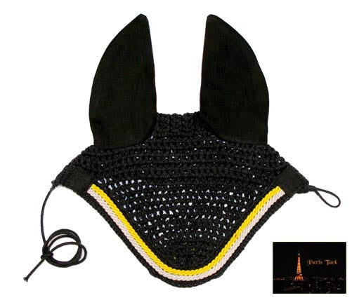 Paris Tack Crochet Horse Fly Veil Ear Bonnet with Gold Rope Black