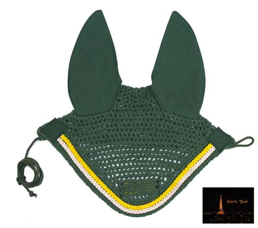 Paris Tack Crochet Horse Fly Veil Ear Bonnet with Gold Rope Green