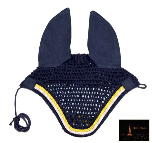 Paris Tack Crochet Horse Fly Veil Ear Bonnet with Gold Rope Blue