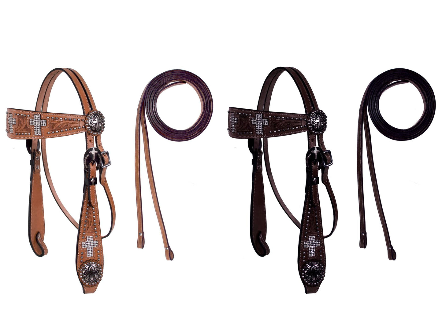 Tahoe Tack Show Studded Crystal Cross Browband Headstall with Matching Reins
