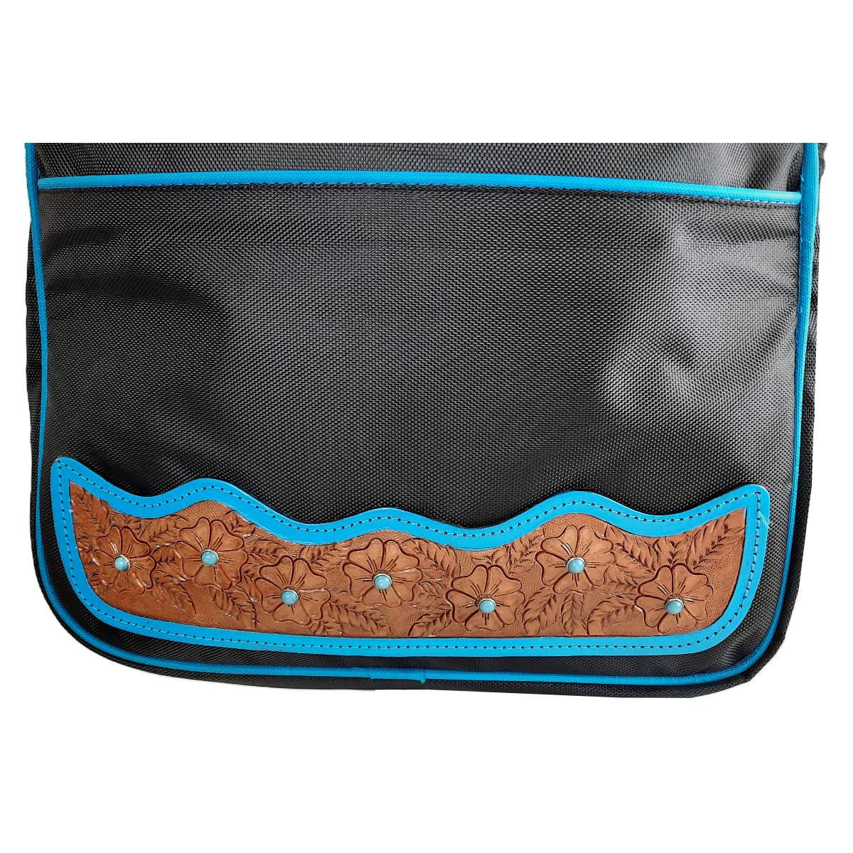 Tahoe Tack Turquoise Flower 1680D Nylon Front Opening Triple Layered Padded Bridle and Headstall Bag with Hand Tooled Leather Accents With Tooling