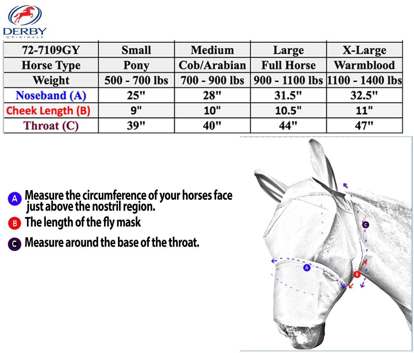Derby Originals UV-Blocker Premium Reflective Horse Fly Mask with Ears and Nose Cover Measurement