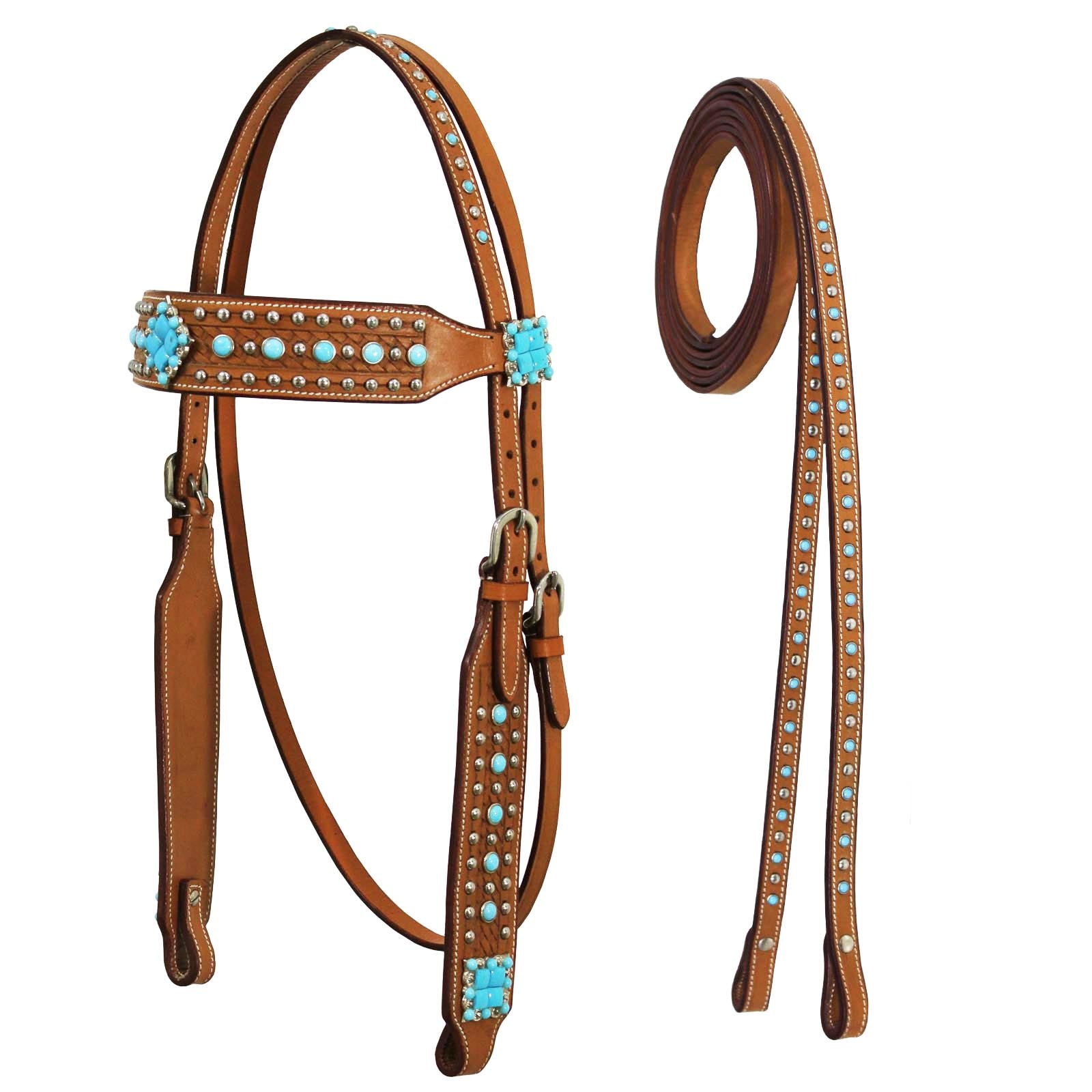 Turquoise Cross Skirting Leather Headstall - Light Oiled Finish With Nickel Hardware