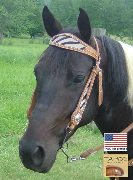 Tahoe Tack USA Leather Wild Side Zebra Print Western Browband Headstall, Full Horse Banner Image