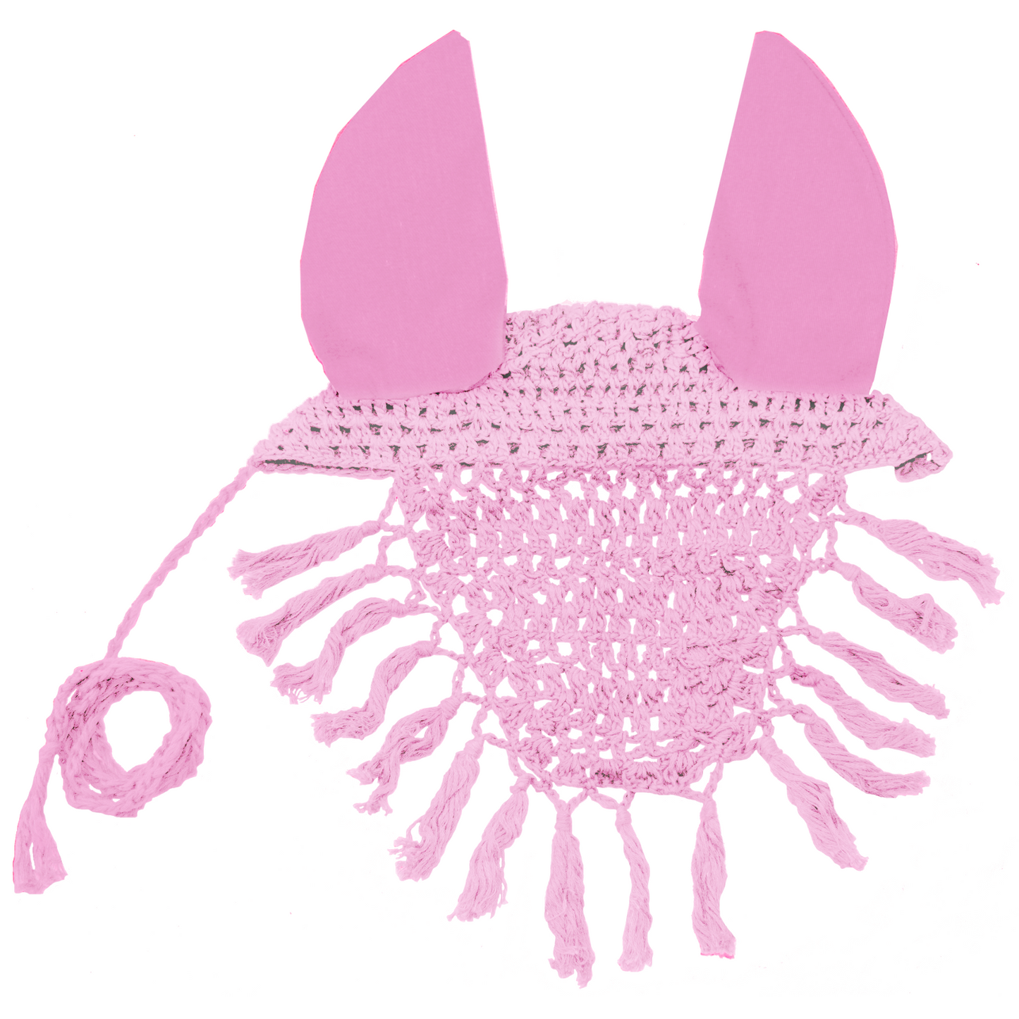 Derby Originals Crochet Horse Fly Veil Ear Bonnet with Fringe Pink