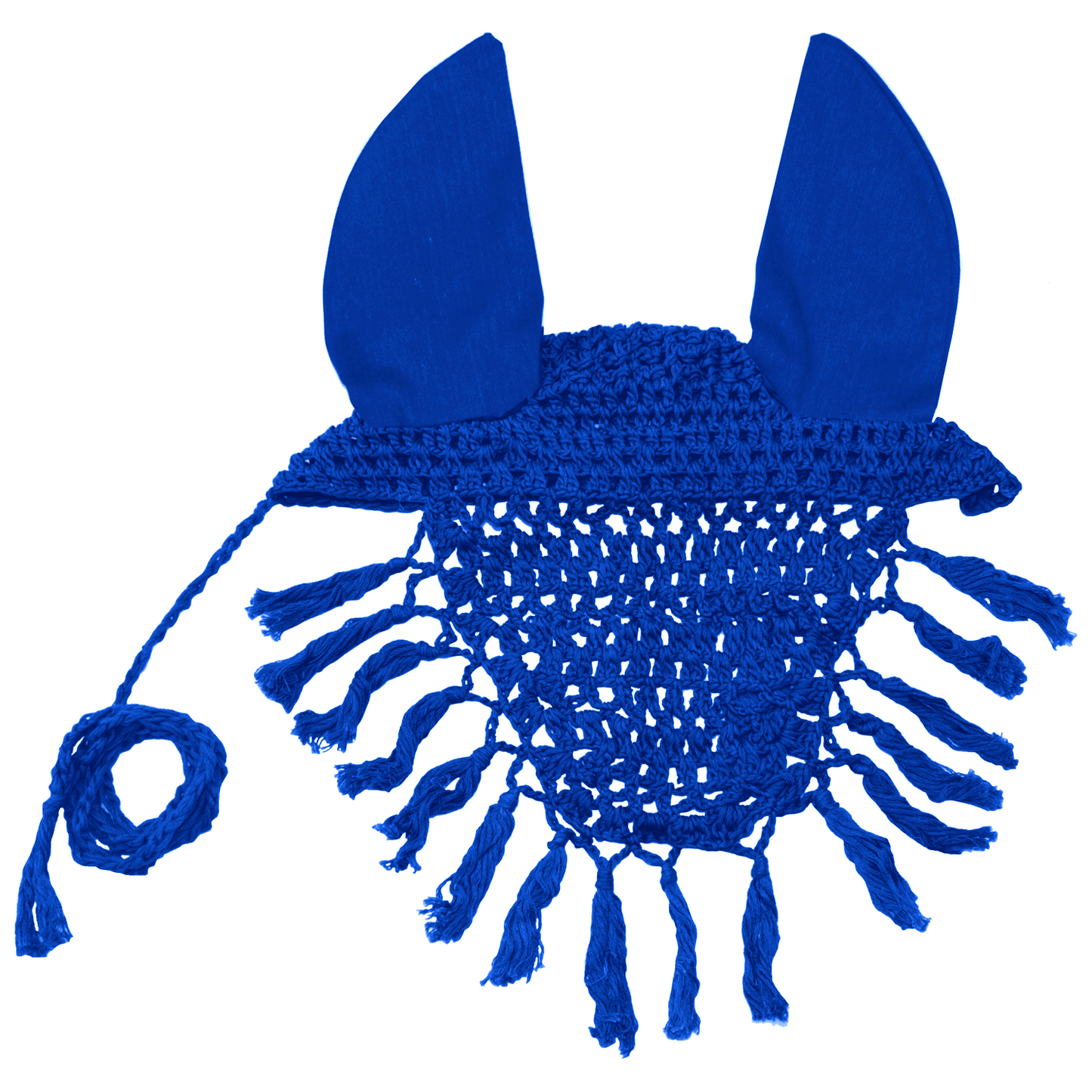 Derby Originals Crochet Horse Fly Veil Ear Bonnet with Fringe Royal Blue