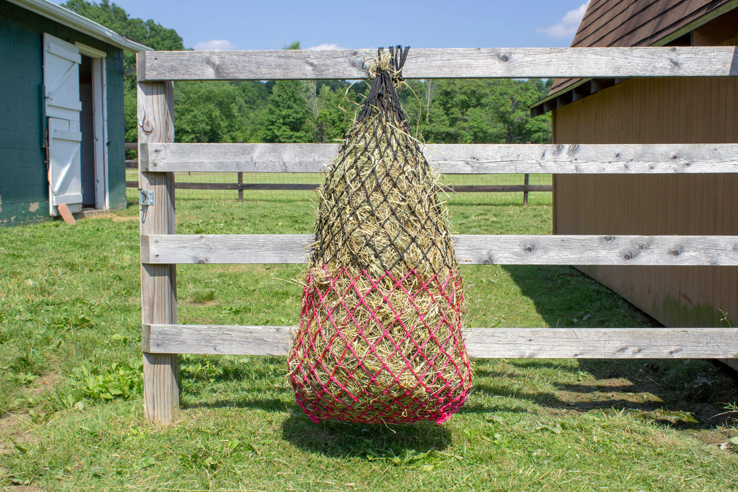 Slow Feed 56" Soft Mesh Hanging Hay Net for Horses Magenta Lifestyle